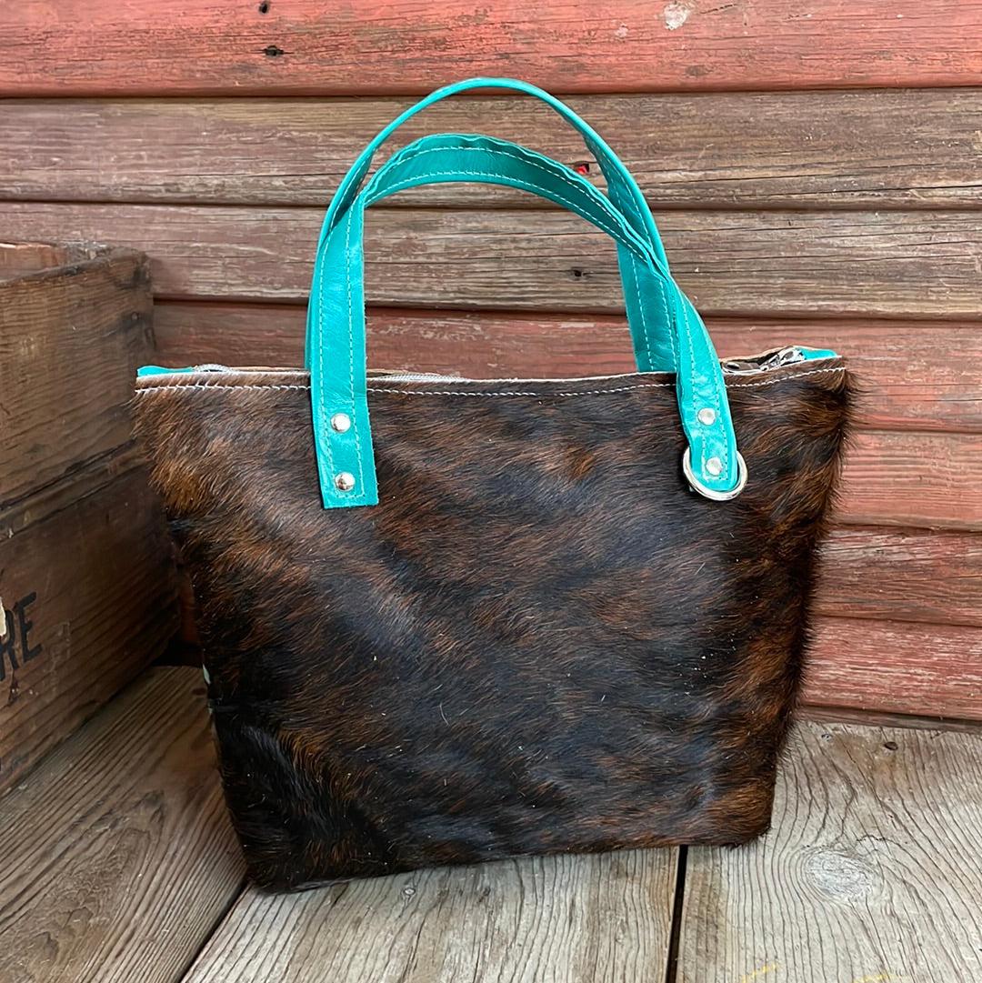 030 Feed Bag - Dark Brindle w/ Turquoise Laredo-Feed Bag-Western-Cowhide-Bags-Handmade-Products-Gifts-Dancing Cactus Designs