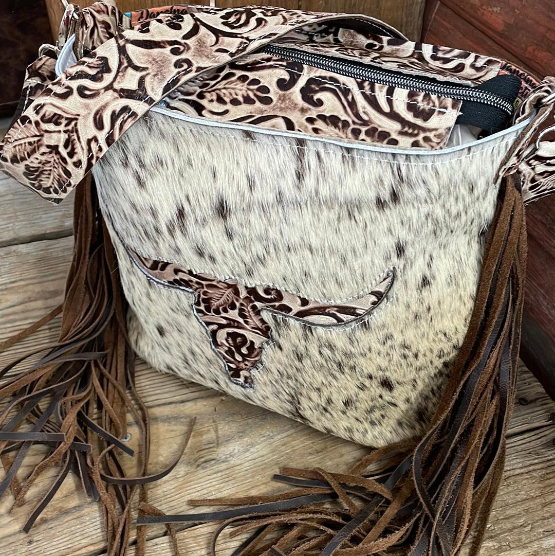 032 Gabby - Dirty Longhorn w/ Ivory Tool Skull Design-Gabby-Western-Cowhide-Bags-Handmade-Products-Gifts-Dancing Cactus Designs