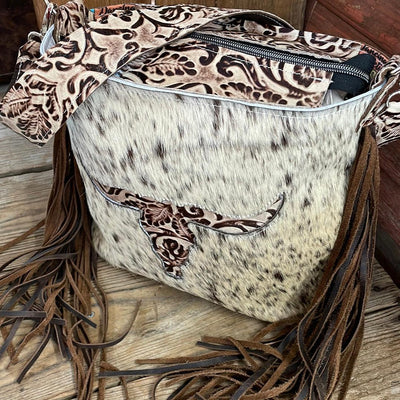 032 Gabby - Dirty Longhorn w/ Ivory Tool Skull Design-Gabby-Western-Cowhide-Bags-Handmade-Products-Gifts-Dancing Cactus Designs