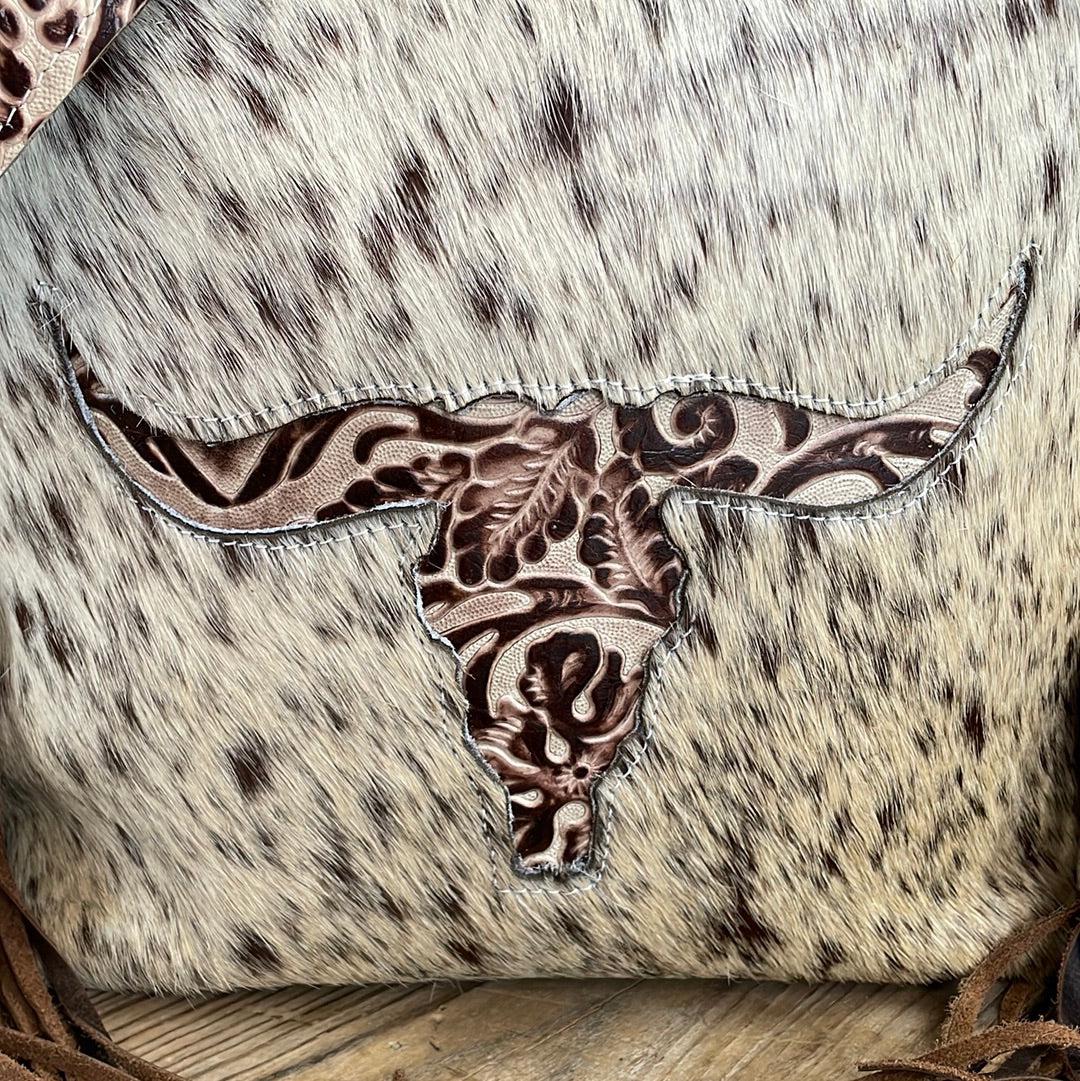 032 Gabby - Dirty Longhorn w/ Ivory Tool Skull Design-Gabby-Western-Cowhide-Bags-Handmade-Products-Gifts-Dancing Cactus Designs