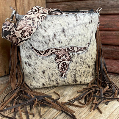 032 Gabby - Dirty Longhorn w/ Ivory Tool Skull Design-Gabby-Western-Cowhide-Bags-Handmade-Products-Gifts-Dancing Cactus Designs