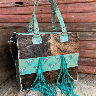 035 Clerk - Brindle w/ Margarita Skulls-Clerk-Western-Cowhide-Bags-Handmade-Products-Gifts-Dancing Cactus Designs