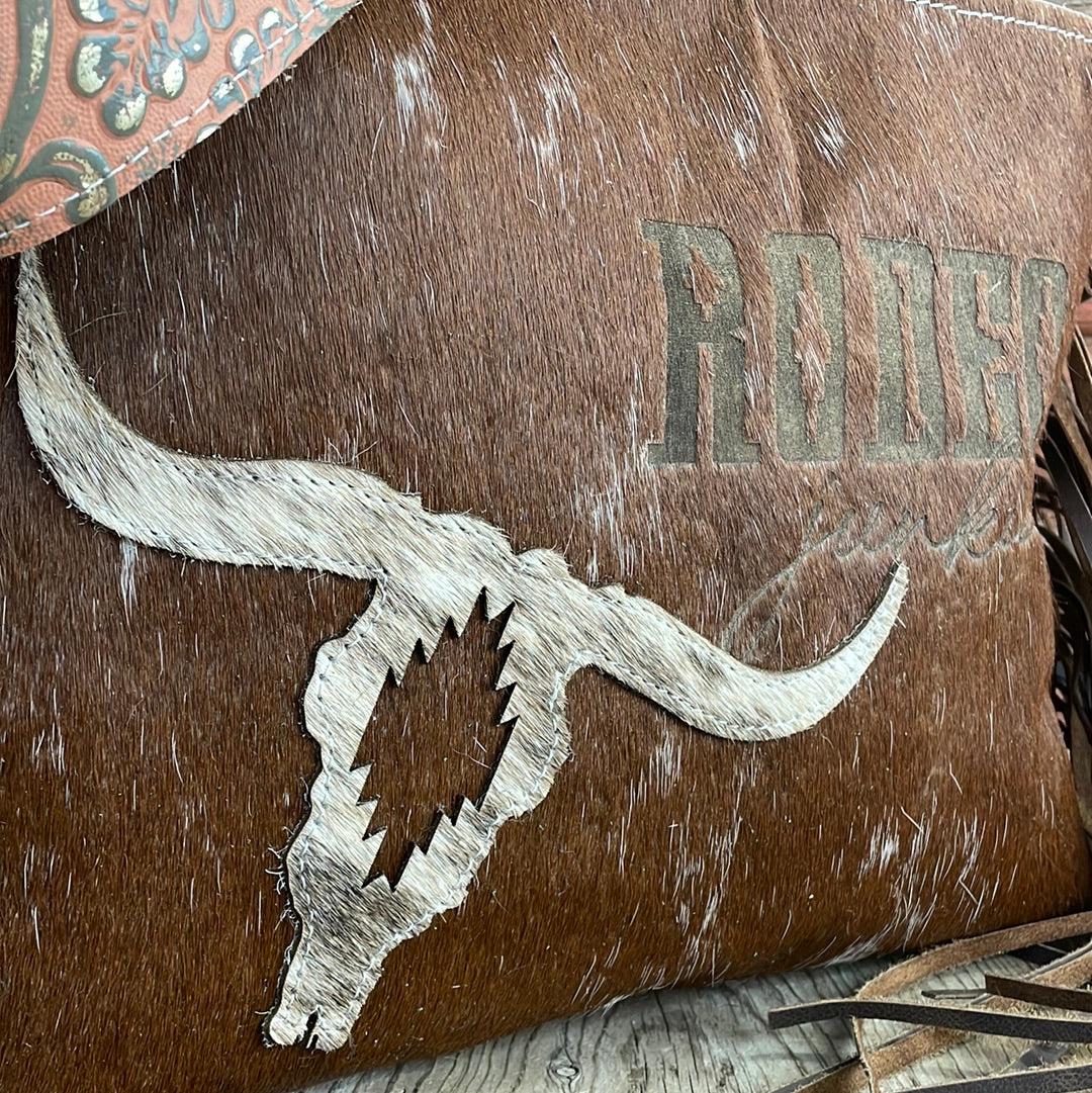036 Maren - Longhorn w/ Skull & Rodeo Junkie Design-Maren-Western-Cowhide-Bags-Handmade-Products-Gifts-Dancing Cactus Designs