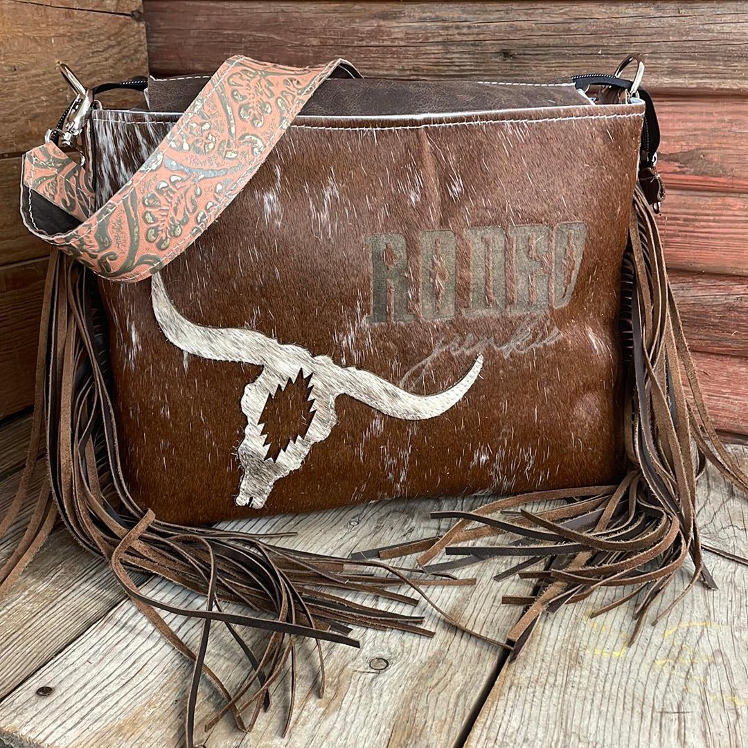 036 Maren - Longhorn w/ Skull & Rodeo Junkie Design-Maren-Western-Cowhide-Bags-Handmade-Products-Gifts-Dancing Cactus Designs
