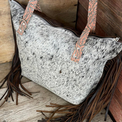 038 June - B&W Speckle w/ Grapefruit Tool-June-Western-Cowhide-Bags-Handmade-Products-Gifts-Dancing Cactus Designs
