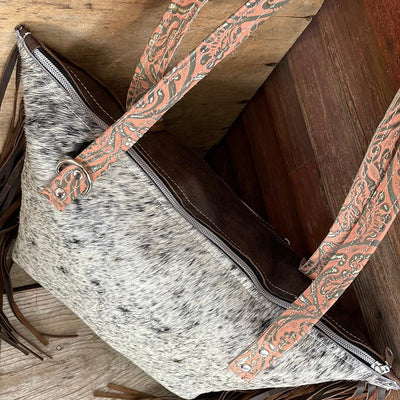 038 June - B&W Speckle w/ Grapefruit Tool-June-Western-Cowhide-Bags-Handmade-Products-Gifts-Dancing Cactus Designs