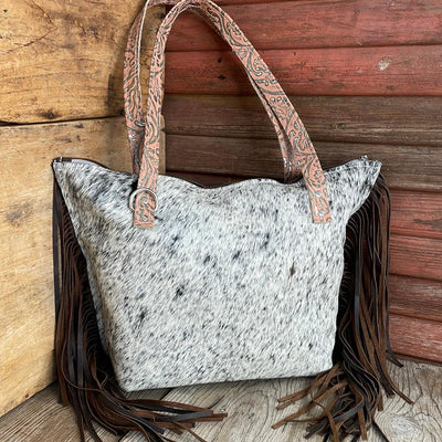 038 June - B&W Speckle w/ Grapefruit Tool-June-Western-Cowhide-Bags-Handmade-Products-Gifts-Dancing Cactus Designs