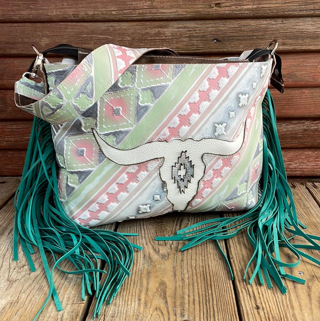 039 Maren - Watermelon Wine w/ Skull Design-Maren-Western-Cowhide-Bags-Handmade-Products-Gifts-Dancing Cactus Designs