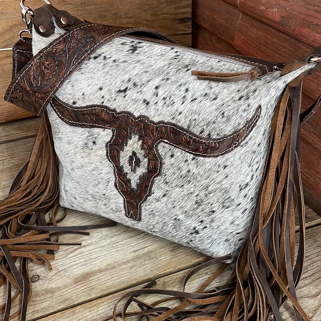 041 Annie - B&W Speckle w/ Cowboy Tool Skull Design-Annie-Western-Cowhide-Bags-Handmade-Products-Gifts-Dancing Cactus Designs