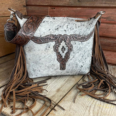 041 Annie - B&W Speckle w/ Cowboy Tool Skull Design-Annie-Western-Cowhide-Bags-Handmade-Products-Gifts-Dancing Cactus Designs