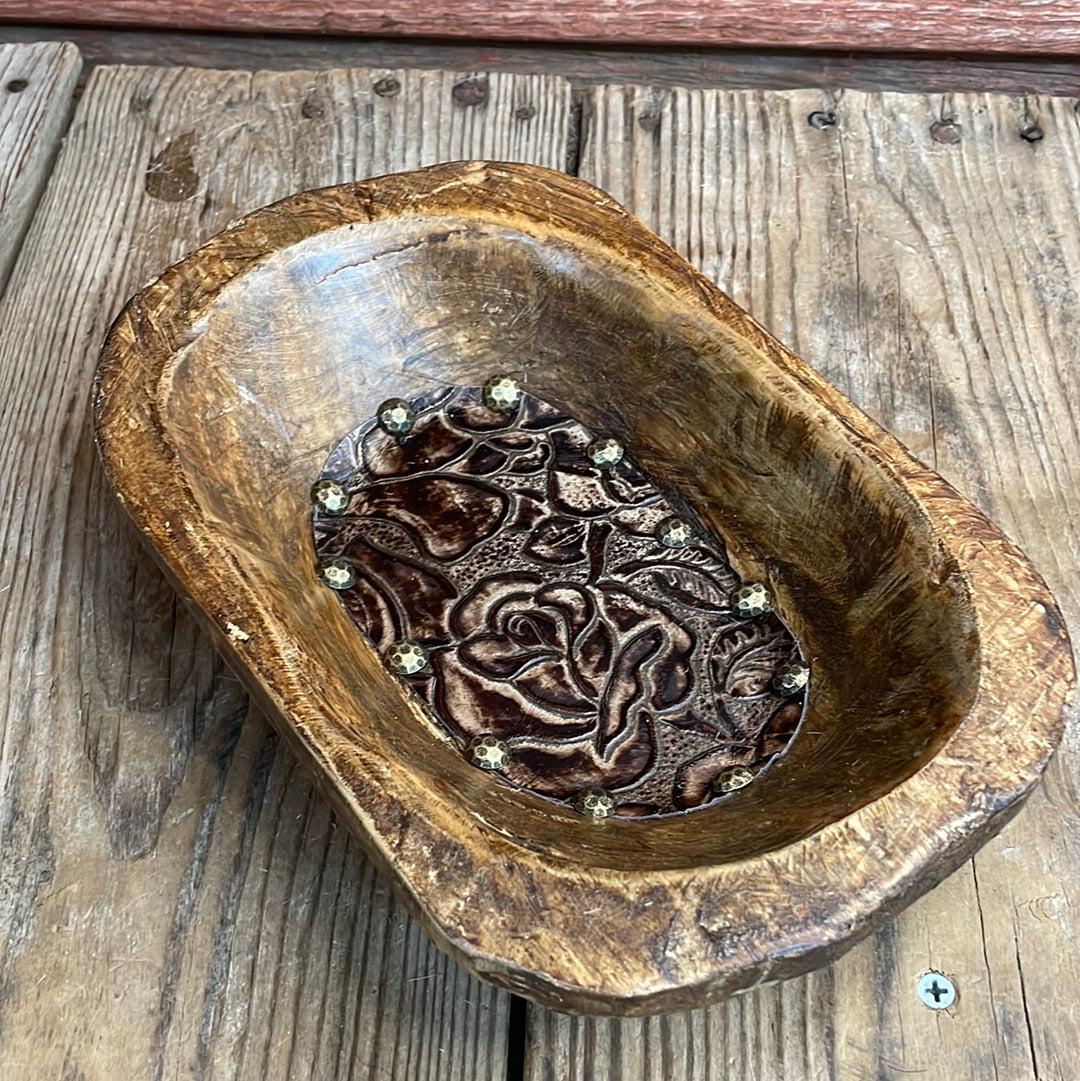 057 Small Décor Bowl - w/ Deadwood Roses-Small Décor Bowl-Western-Cowhide-Bags-Handmade-Products-Gifts-Dancing Cactus Designs