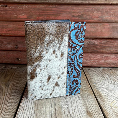 060 Small Notepad Cover - Chocolate & White w/ Blue Bonnet Tool-Small Notepad Cover-Western-Cowhide-Bags-Handmade-Products-Gifts-Dancing Cactus Designs