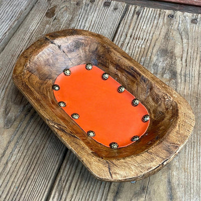 064 Small Décor Bowl - w/ Orange Leather-Small Décor Bowl-Western-Cowhide-Bags-Handmade-Products-Gifts-Dancing Cactus Designs