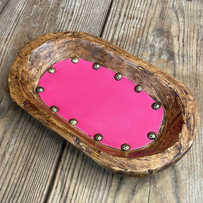 071 Small Décor Bowl - w/ Pink Leather-Small Décor Bowl-Western-Cowhide-Bags-Handmade-Products-Gifts-Dancing Cactus Designs