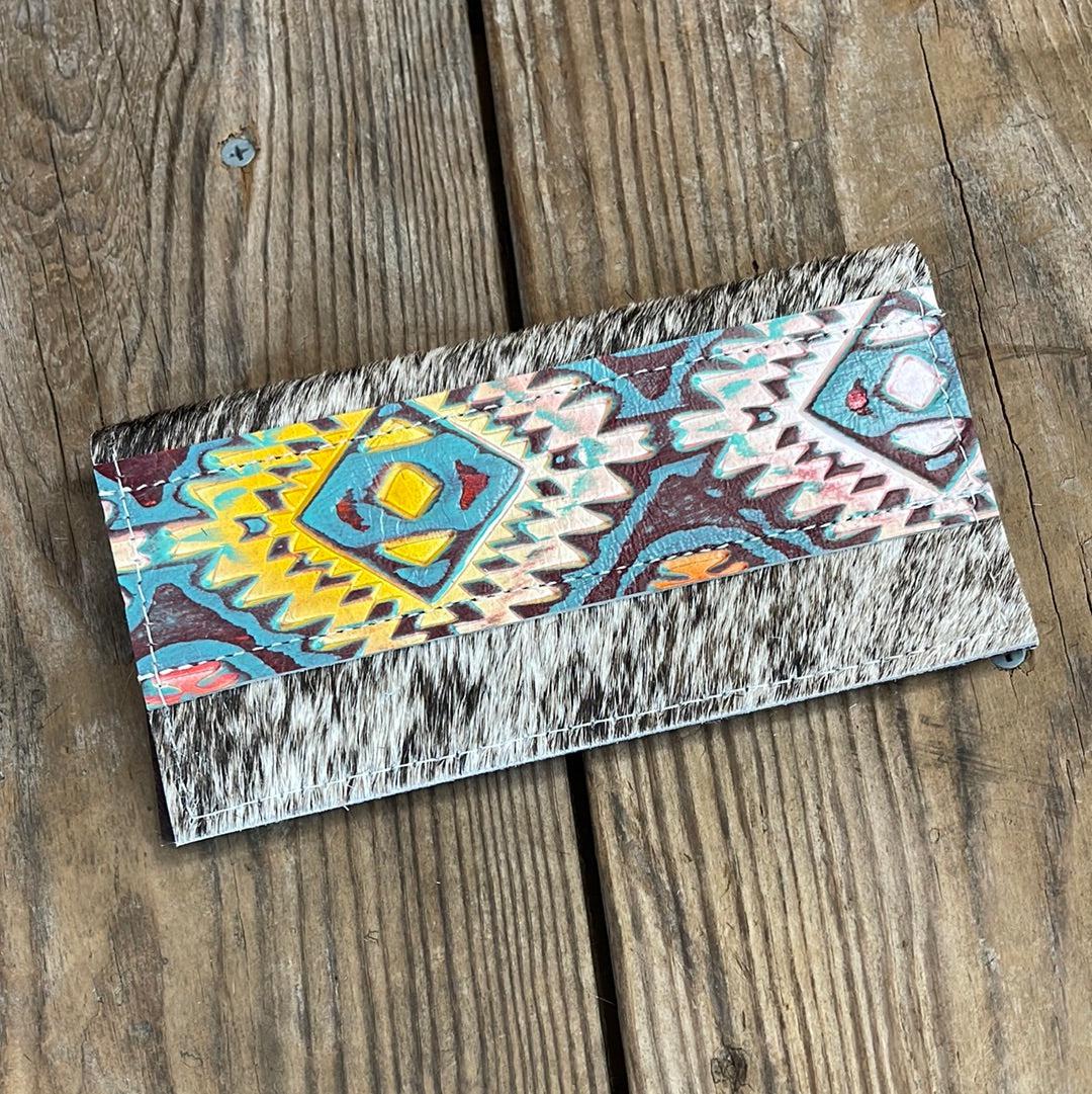 075 Checkbook Cover - Brindle w/ Rainbow Aztec-Checkbook Cover-Western-Cowhide-Bags-Handmade-Products-Gifts-Dancing Cactus Designs