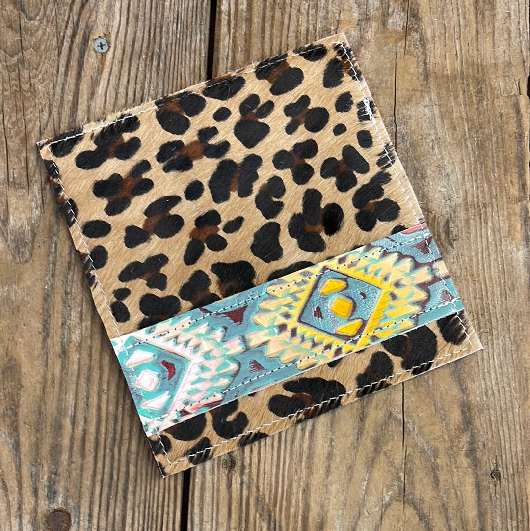 079 Checkbook Cover - Leopard w/ Rainbow Aztec-Checkbook Cover-Western-Cowhide-Bags-Handmade-Products-Gifts-Dancing Cactus Designs