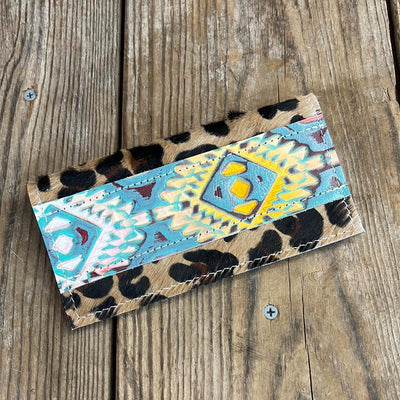 079 Checkbook Cover - Leopard w/ Rainbow Aztec-Checkbook Cover-Western-Cowhide-Bags-Handmade-Products-Gifts-Dancing Cactus Designs