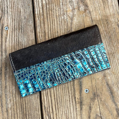 080 Checkbook Cover - Black w/ Aqua Croc-Checkbook Cover-Western-Cowhide-Bags-Handmade-Products-Gifts-Dancing Cactus Designs