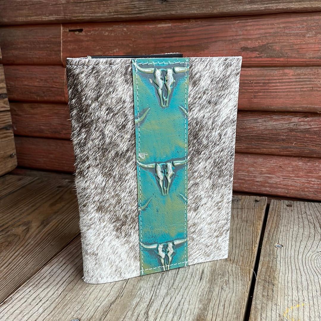 083 Small Notepad Cover - Brindle w/ Margarita Skulls-Small Notepad Cover-Western-Cowhide-Bags-Handmade-Products-Gifts-Dancing Cactus Designs