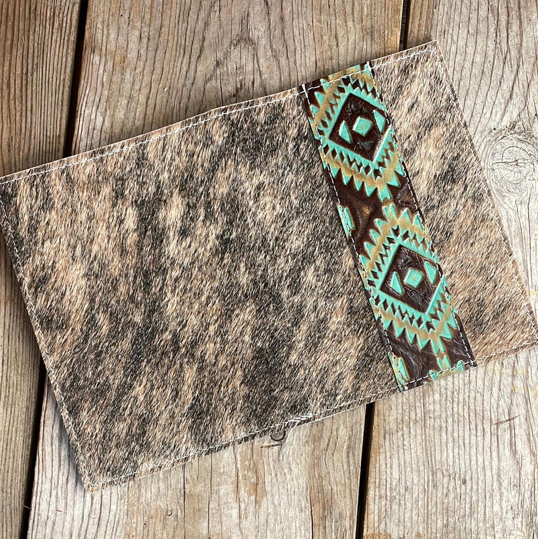 085 Small Notepad Cover - Brindle w/ Turquoise Aztec-Small Notepad Cover-Western-Cowhide-Bags-Handmade-Products-Gifts-Dancing Cactus Designs