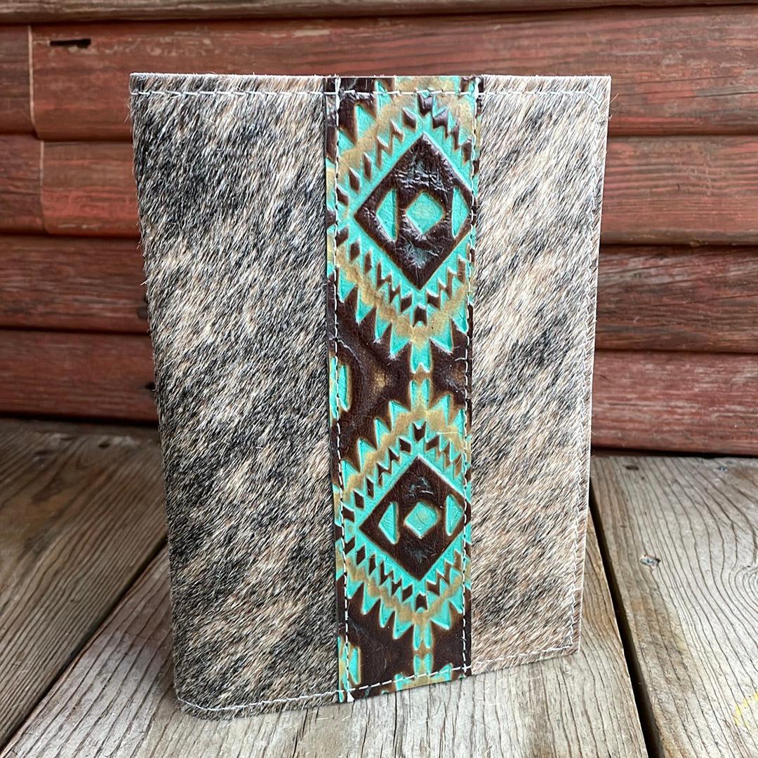 085 Small Notepad Cover - Brindle w/ Turquoise Aztec-Small Notepad Cover-Western-Cowhide-Bags-Handmade-Products-Gifts-Dancing Cactus Designs