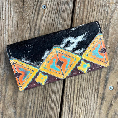 091 Checkbook Cover - Black & White w/ Western Sunset-Checkbook Cover-Western-Cowhide-Bags-Handmade-Products-Gifts-Dancing Cactus Designs