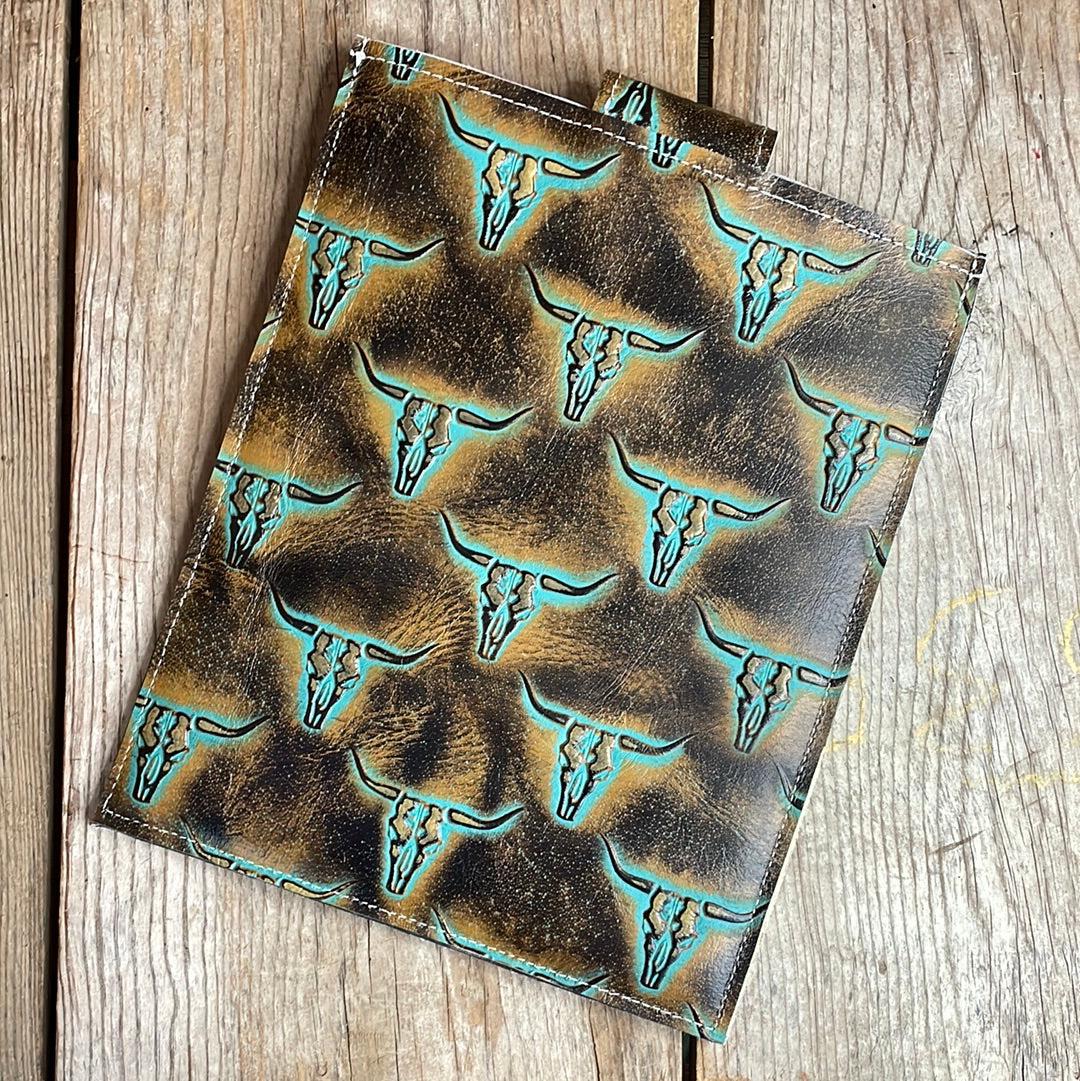 13'' Tablet Sleeve - Brindle w/ Patina Skulls-13'' Tablet Sleeve-Western-Cowhide-Bags-Handmade-Products-Gifts-Dancing Cactus Designs