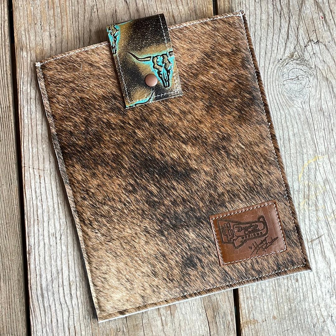 13'' Tablet Sleeve - Brindle w/ Patina Skulls-13'' Tablet Sleeve-Western-Cowhide-Bags-Handmade-Products-Gifts-Dancing Cactus Designs