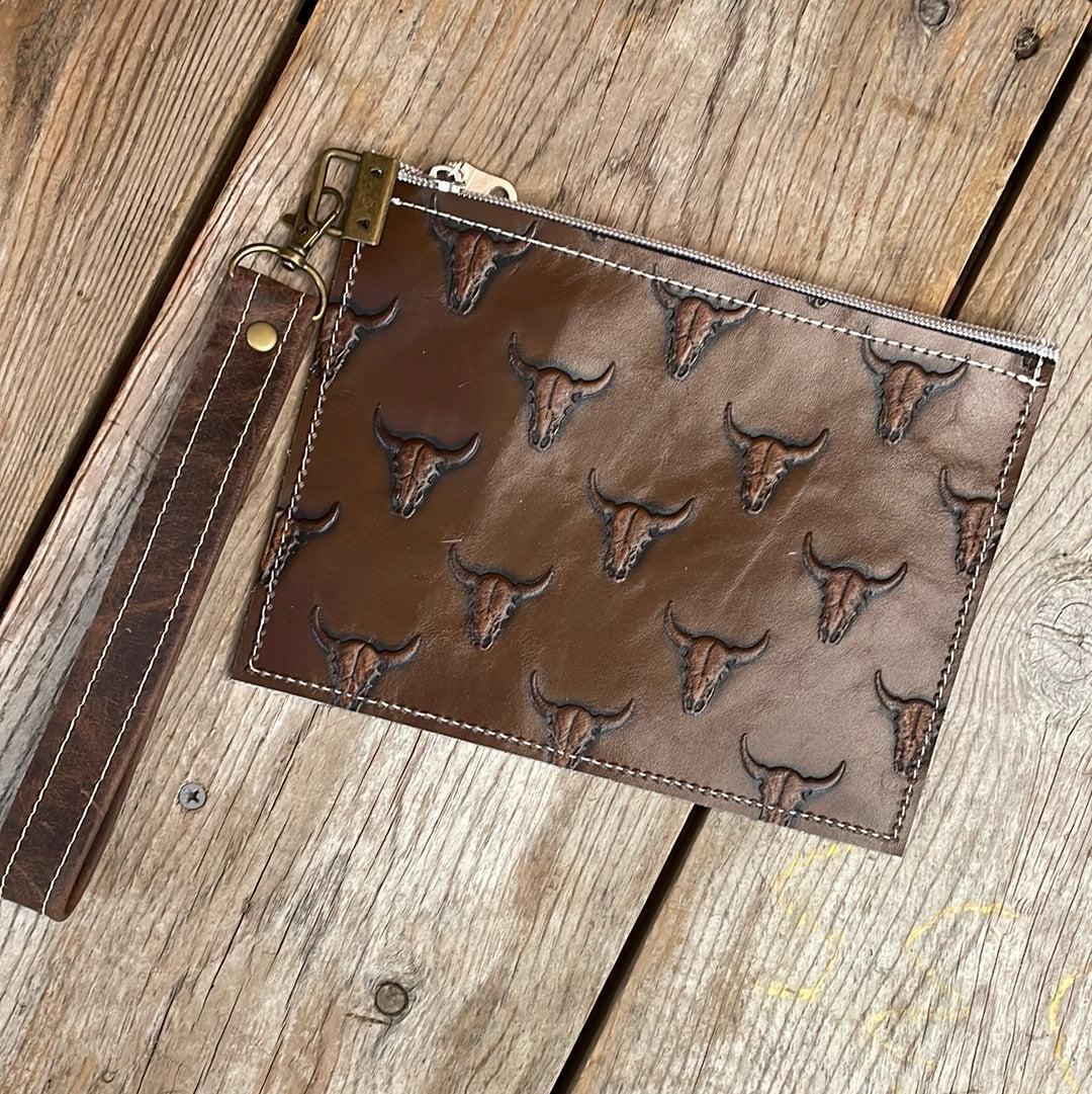 132 Make-up bag - Longhorn w/ Mahogany Skulls-Make-up bag-Western-Cowhide-Bags-Handmade-Products-Gifts-Dancing Cactus Designs