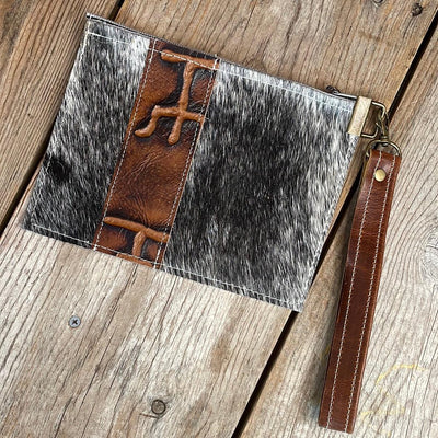 136 Make-up bag - Salt/Pepper w/ Burnt Brands-Make-up bag-Western-Cowhide-Bags-Handmade-Products-Gifts-Dancing Cactus Designs