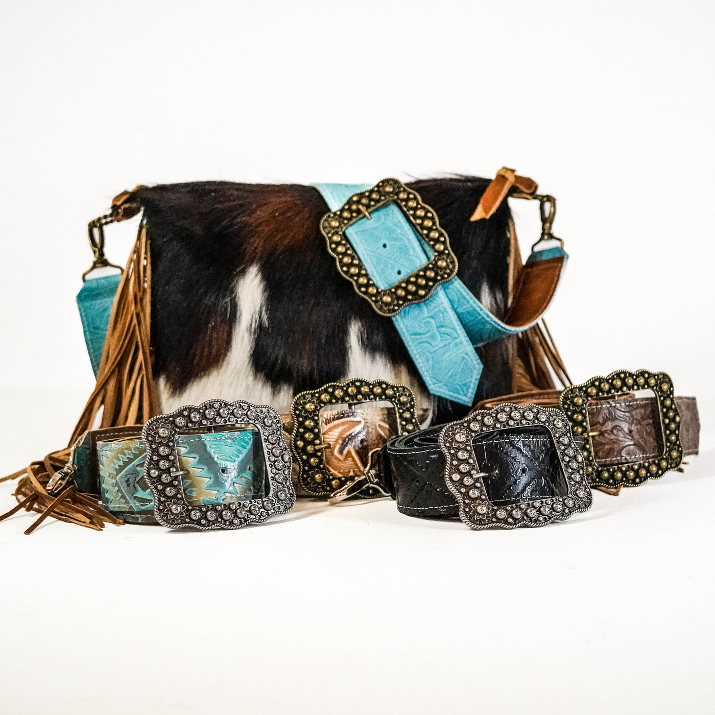 Turquoise Buckle Cowhide Crossbody Bag