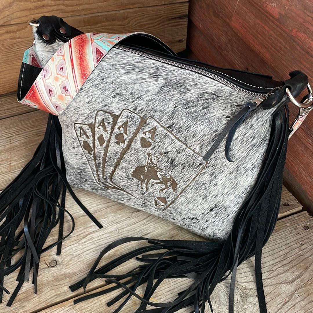 Annie - B&W Speckle w/ Bucking Aces Design-Annie-Western-Cowhide-Bags-Handmade-Products-Gifts-Dancing Cactus Designs