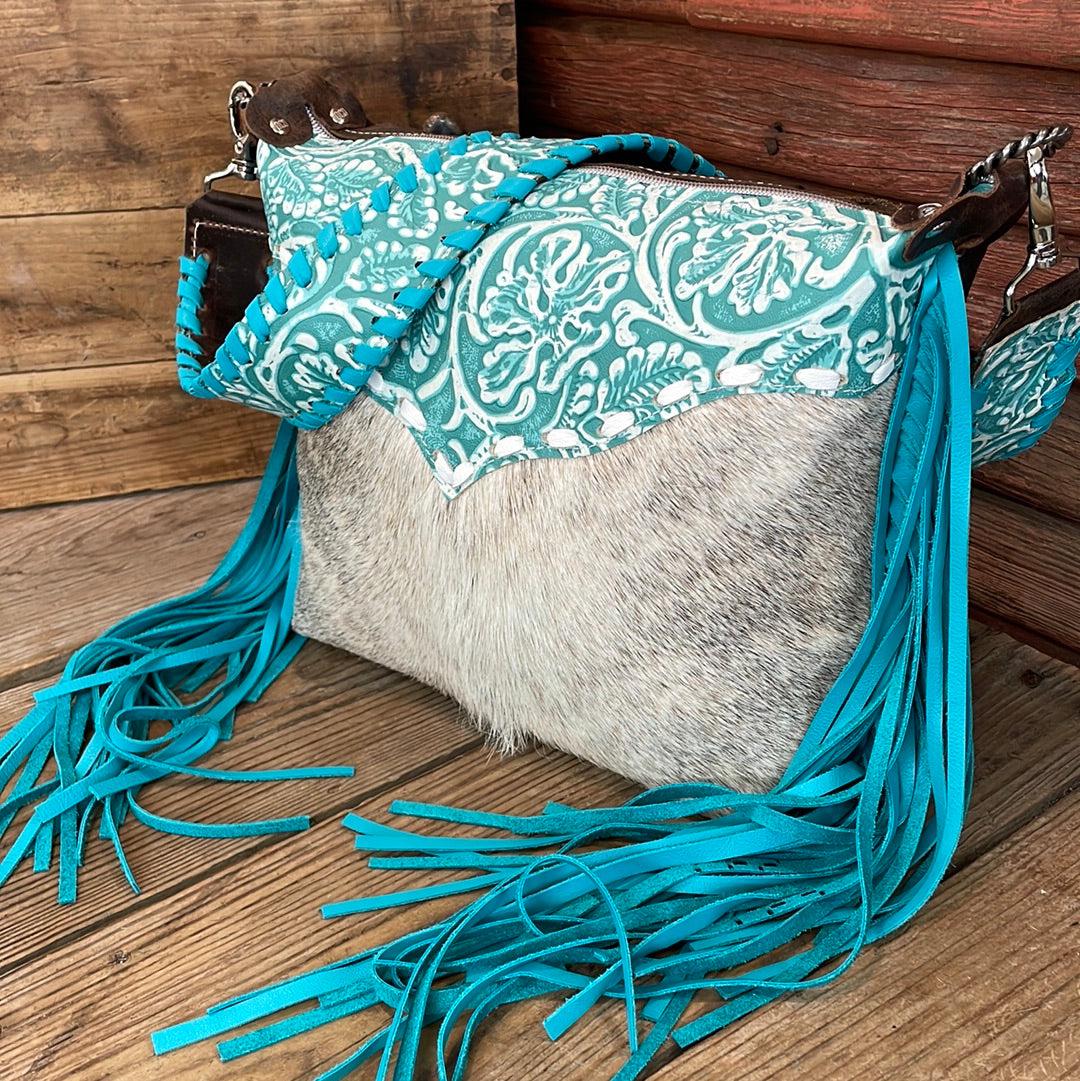 Annie - Grey Brindle w/ Turquoise Sand Tool-Annie-Western-Cowhide-Bags-Handmade-Products-Gifts-Dancing Cactus Designs