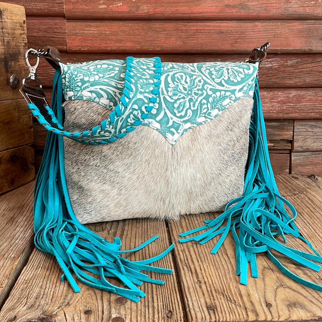 Annie - Grey Brindle w/ Turquoise Sand Tool-Annie-Western-Cowhide-Bags-Handmade-Products-Gifts-Dancing Cactus Designs