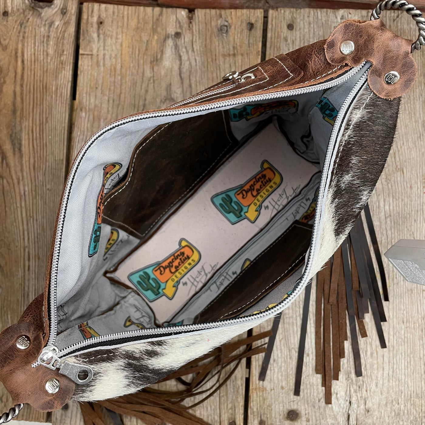 Annie - Tricolor w/ Venetian Tool-Annie-Western-Cowhide-Bags-Handmade-Products-Gifts-Dancing Cactus Designs