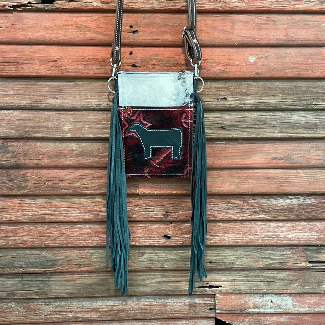 Carrie - Black & White w/ Red Brands w/ Cow-Carrie-Western-Cowhide-Bags-Handmade-Products-Gifts-Dancing Cactus Designs