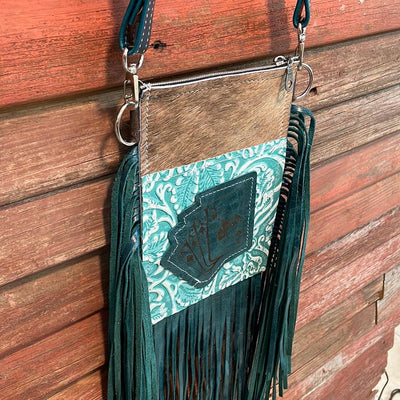 Carrie - Brindle w/ Turquoise Sand tool w/ bucking aces-Carrie-Western-Cowhide-Bags-Handmade-Products-Gifts-Dancing Cactus Designs