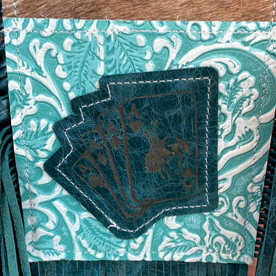 Carrie - Brindle w/ Turquoise Sand tool w/ bucking aces-Carrie-Western-Cowhide-Bags-Handmade-Products-Gifts-Dancing Cactus Designs