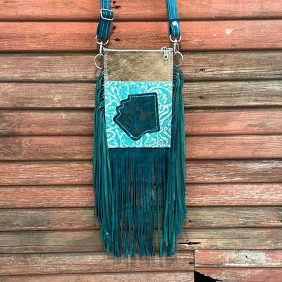 Carrie - Brindle w/ Turquoise Sand tool w/ bucking aces-Carrie-Western-Cowhide-Bags-Handmade-Products-Gifts-Dancing Cactus Designs