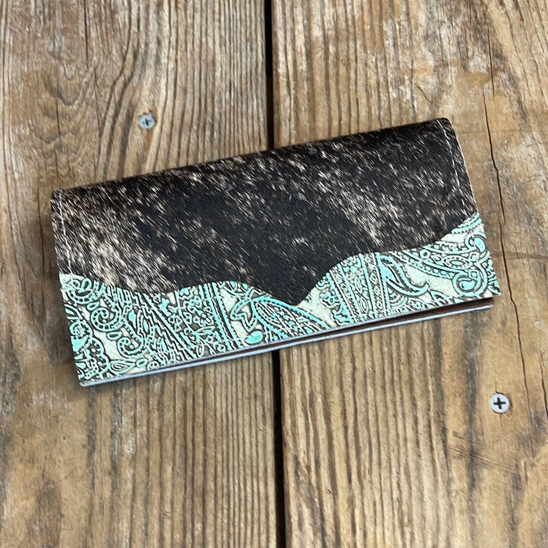 Checkbook Cover - Brindle w/ Mint Paisley-Checkbook Cover-Western-Cowhide-Bags-Handmade-Products-Gifts-Dancing Cactus Designs