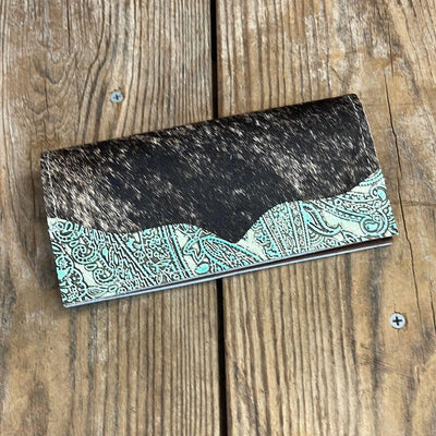 Checkbook Cover - Brindle w/ Mint Paisley-Checkbook Cover-Western-Cowhide-Bags-Handmade-Products-Gifts-Dancing Cactus Designs