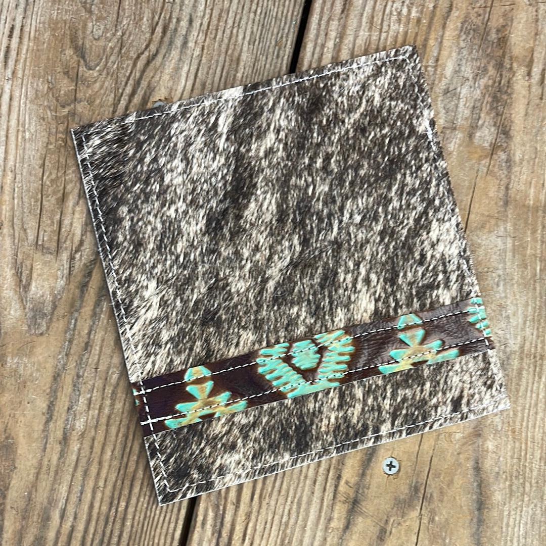 Checkbook Cover - Brindle w/ Turquoise Aztec-Checkbook Cover-Western-Cowhide-Bags-Handmade-Products-Gifts-Dancing Cactus Designs