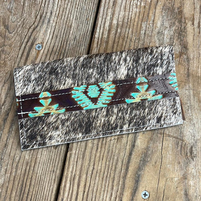 Checkbook Cover - Brindle w/ Turquoise Aztec-Checkbook Cover-Western-Cowhide-Bags-Handmade-Products-Gifts-Dancing Cactus Designs