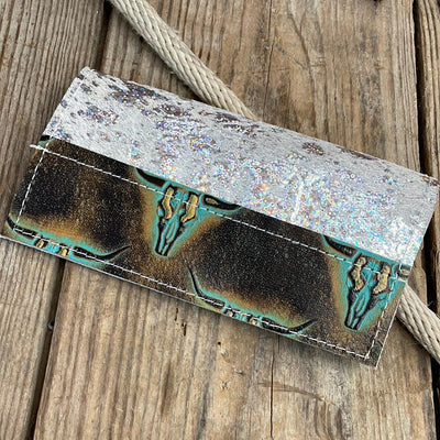 Checkbook Cover - Holographic w/ Patina Skulls-Checkbook Cover-Western-Cowhide-Bags-Handmade-Products-Gifts-Dancing Cactus Designs