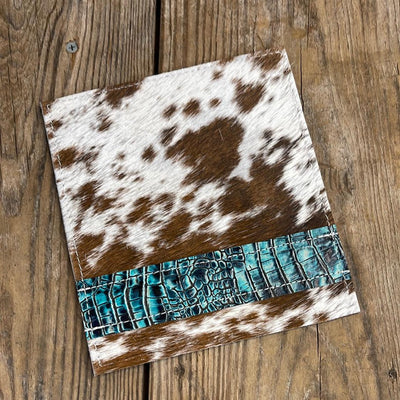 Checkbook Cover - Longhorn w/ Aqua Croc-Checkbook Cover-Western-Cowhide-Bags-Handmade-Products-Gifts-Dancing Cactus Designs