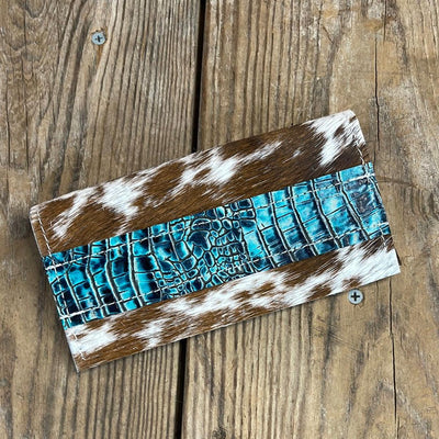 Checkbook Cover - Longhorn w/ Aqua Croc-Checkbook Cover-Western-Cowhide-Bags-Handmade-Products-Gifts-Dancing Cactus Designs