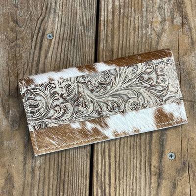 Checkbook Cover - Longhorn w/ Wildflower-Checkbook Cover-Western-Cowhide-Bags-Handmade-Products-Gifts-Dancing Cactus Designs