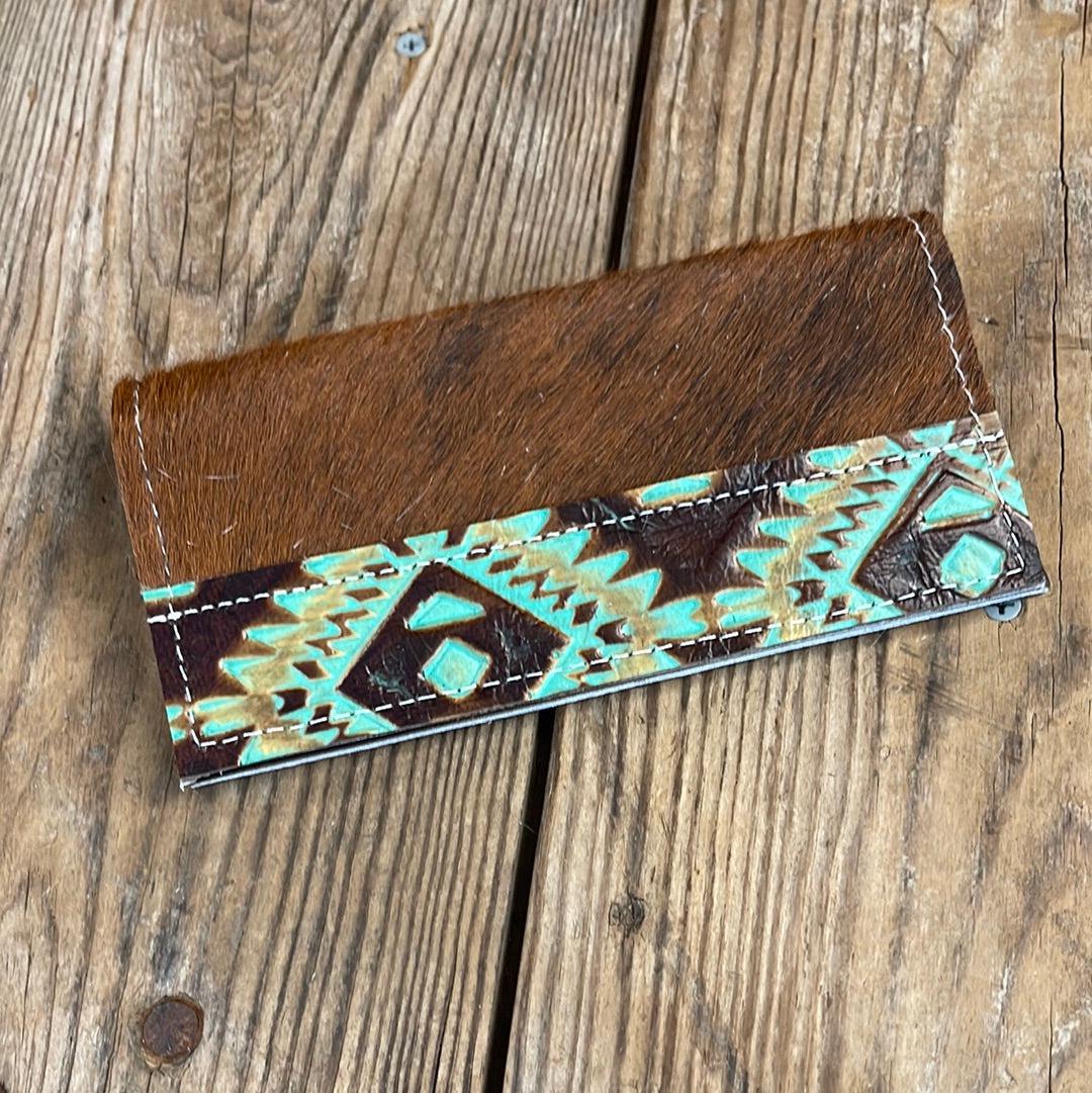 Checkbook Cover - Red Brindle w/ Turquoise Aztec-Checkbook Cover-Western-Cowhide-Bags-Handmade-Products-Gifts-Dancing Cactus Designs