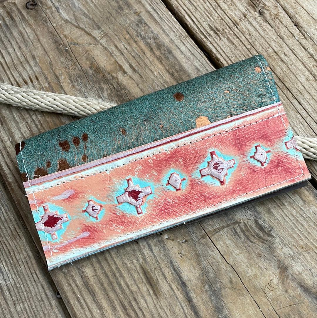 Checkbook Cover - Turquoise/copper acid wash w/ Fiesta Navajo-Checkbook Cover-Western-Cowhide-Bags-Handmade-Products-Gifts-Dancing Cactus Designs