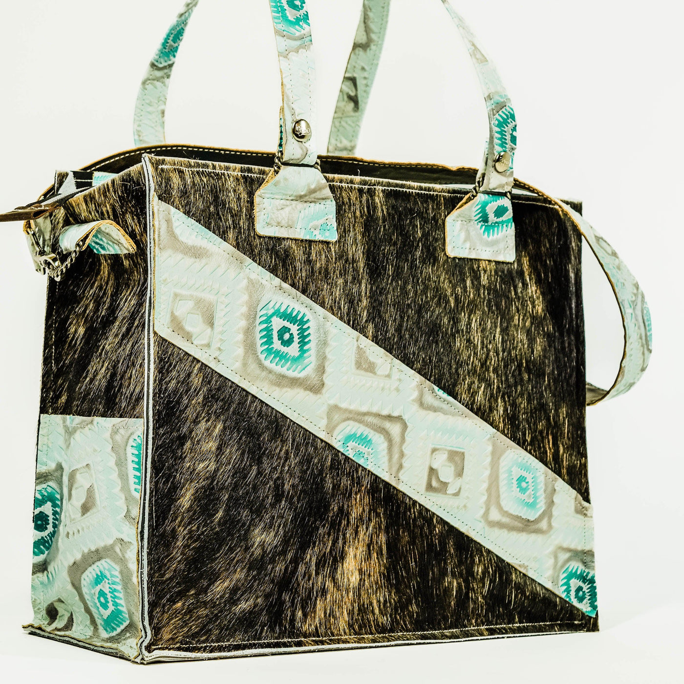 Clerk - Dark Brindle w/ Turquoise Sand Aztec-Clerk-Western-Cowhide-Bags-Handmade-Products-Gifts-Dancing Cactus Designs